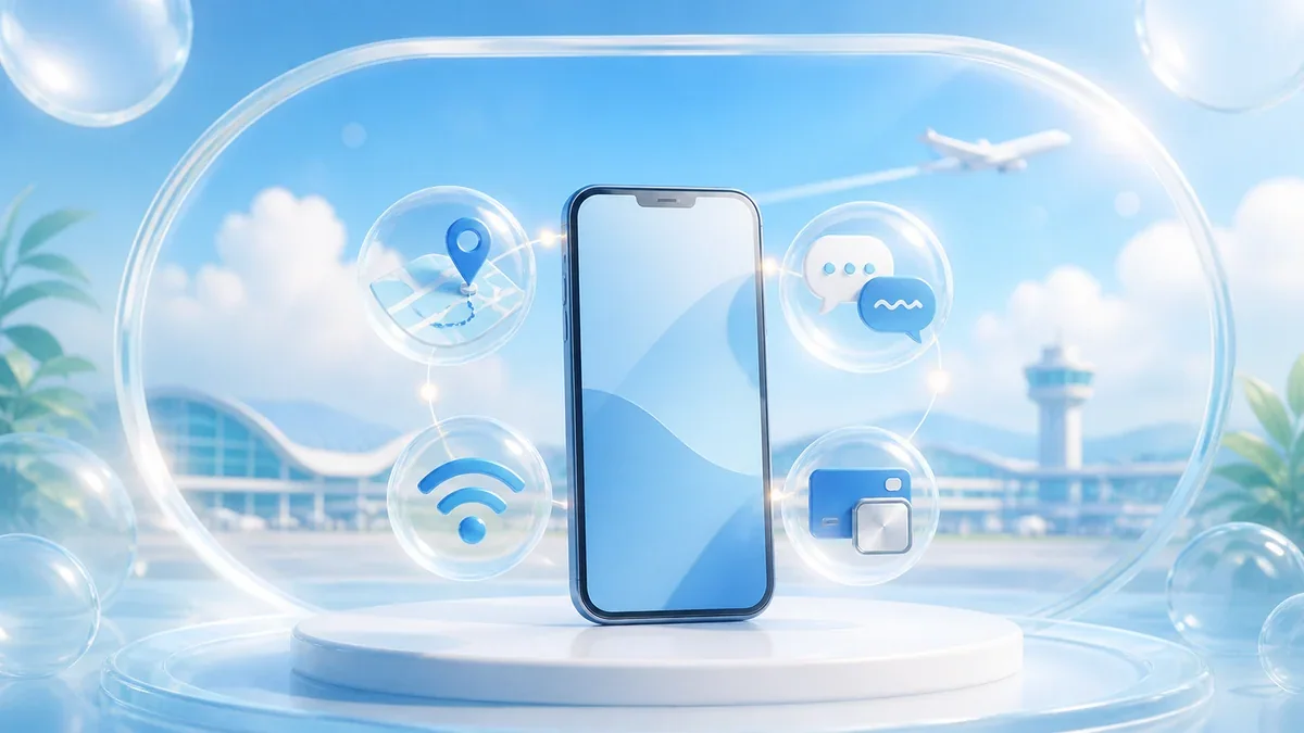 旅行アプリの機能を表すスマートフォンと地図・会話・通信・決済のアイコン