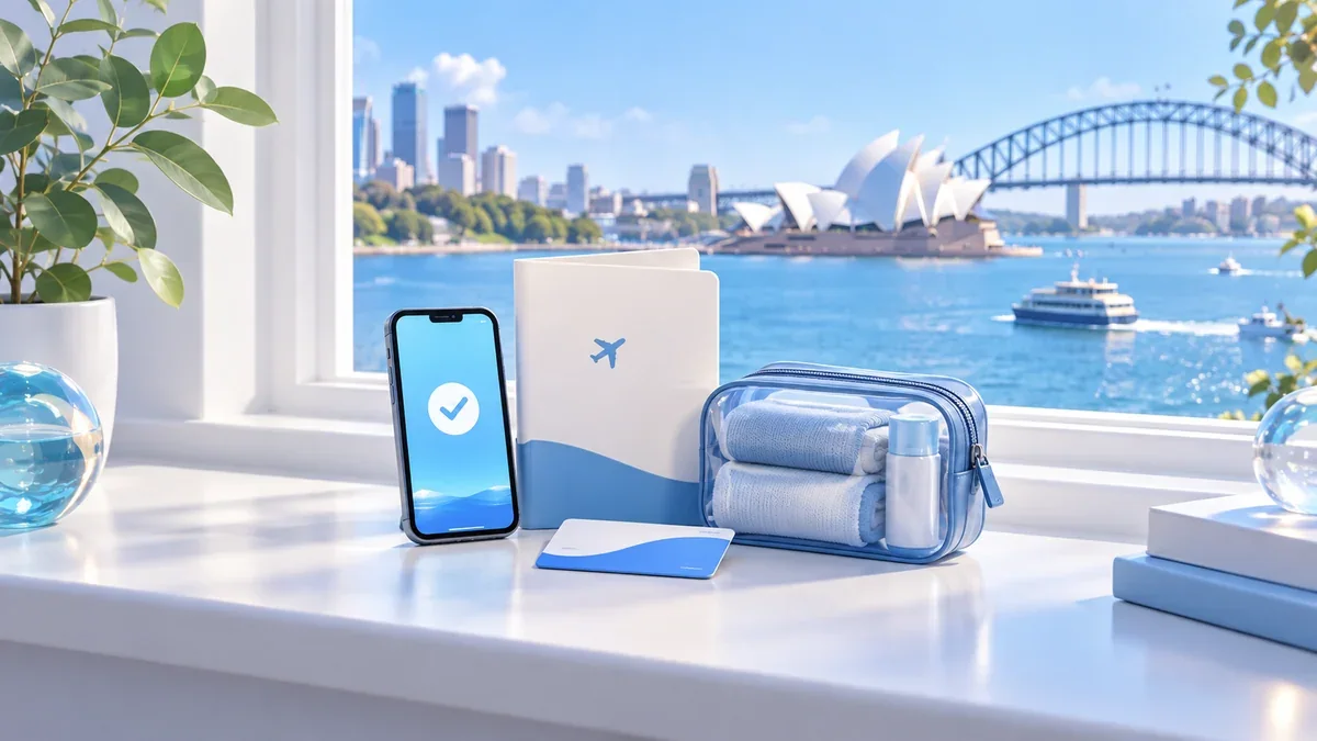 シドニーの湾を望む窓辺のスマートフォン、旅行用フォルダーと荷造りポーチ