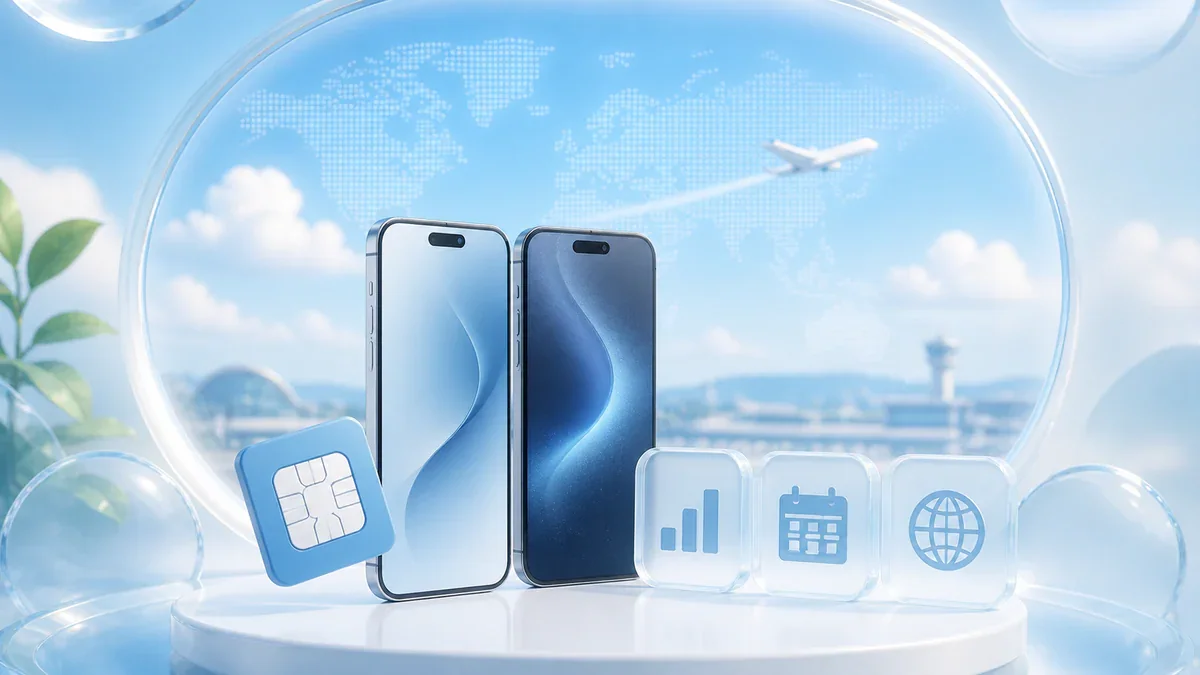 世界の通信エリアを背景にeSIMプランを比較する2台のスマートフォン