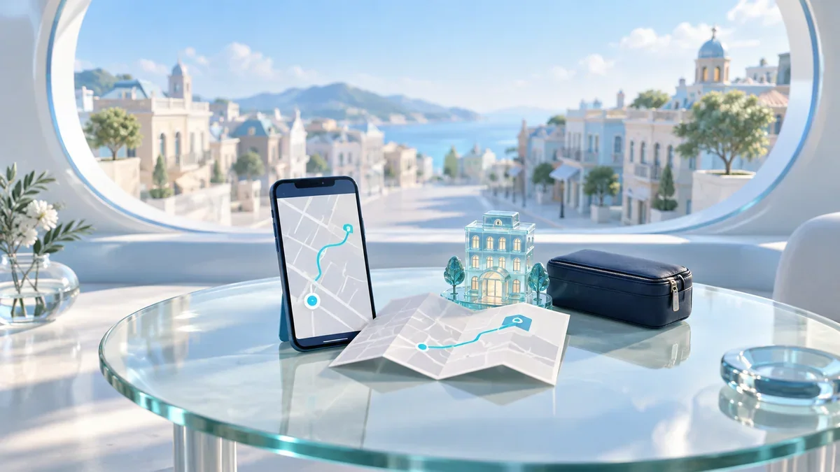 街を望む窓辺に並ぶ地図を模したスマートフォン、紙の地図とガラスのホテル模型