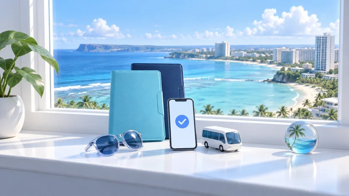 グアムの湾を望む窓辺の二つの旅行用フォルダー、スマートフォンと送迎車の模型