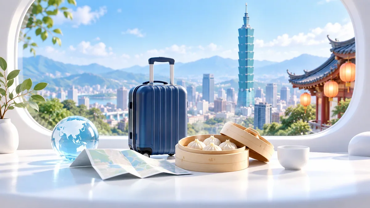 台北の高層ビルとランタンを背景に並ぶスーツケース、地図と蒸籠