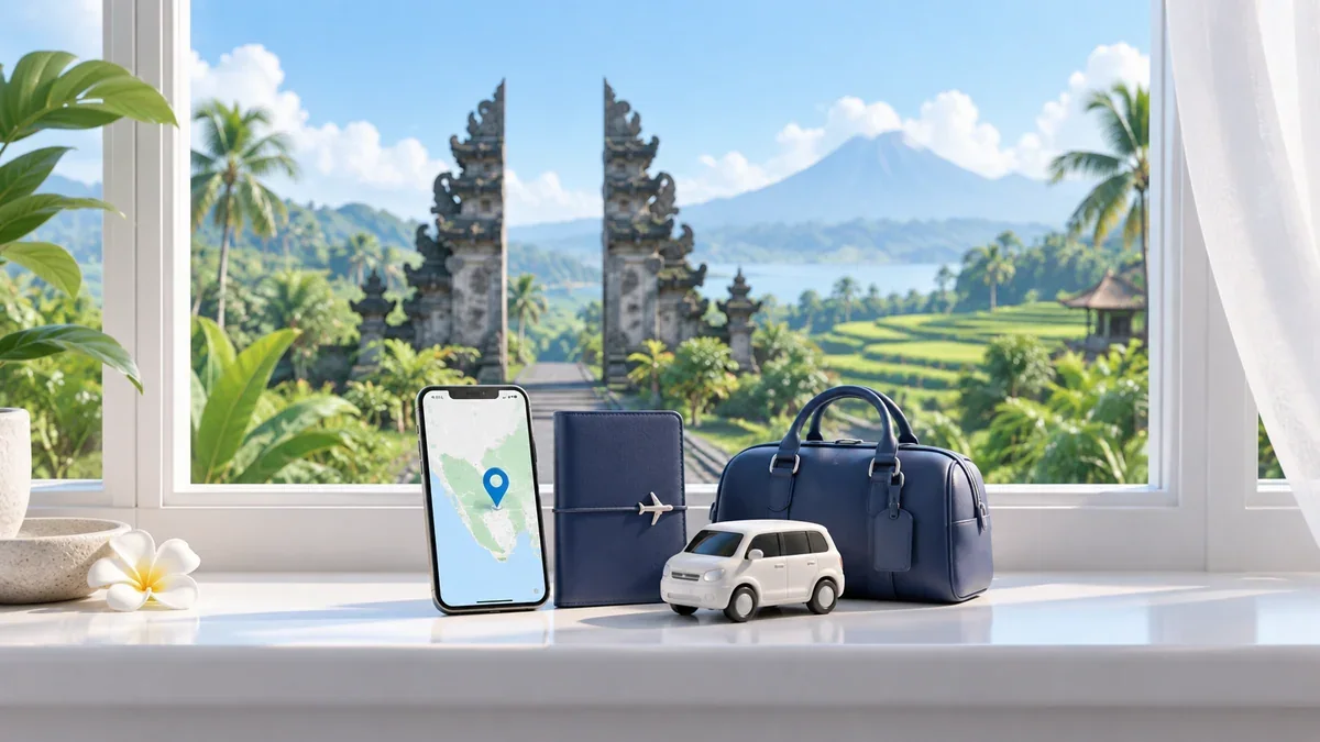 バリの門と緑を望む窓辺のスマートフォン、旅行用フォルダーと車の模型