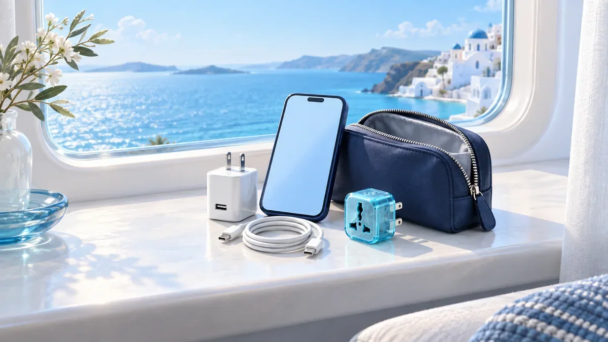 海を望む窓辺に並ぶ白い充電器、スマートフォン、ケーブルと青い変換プラグ