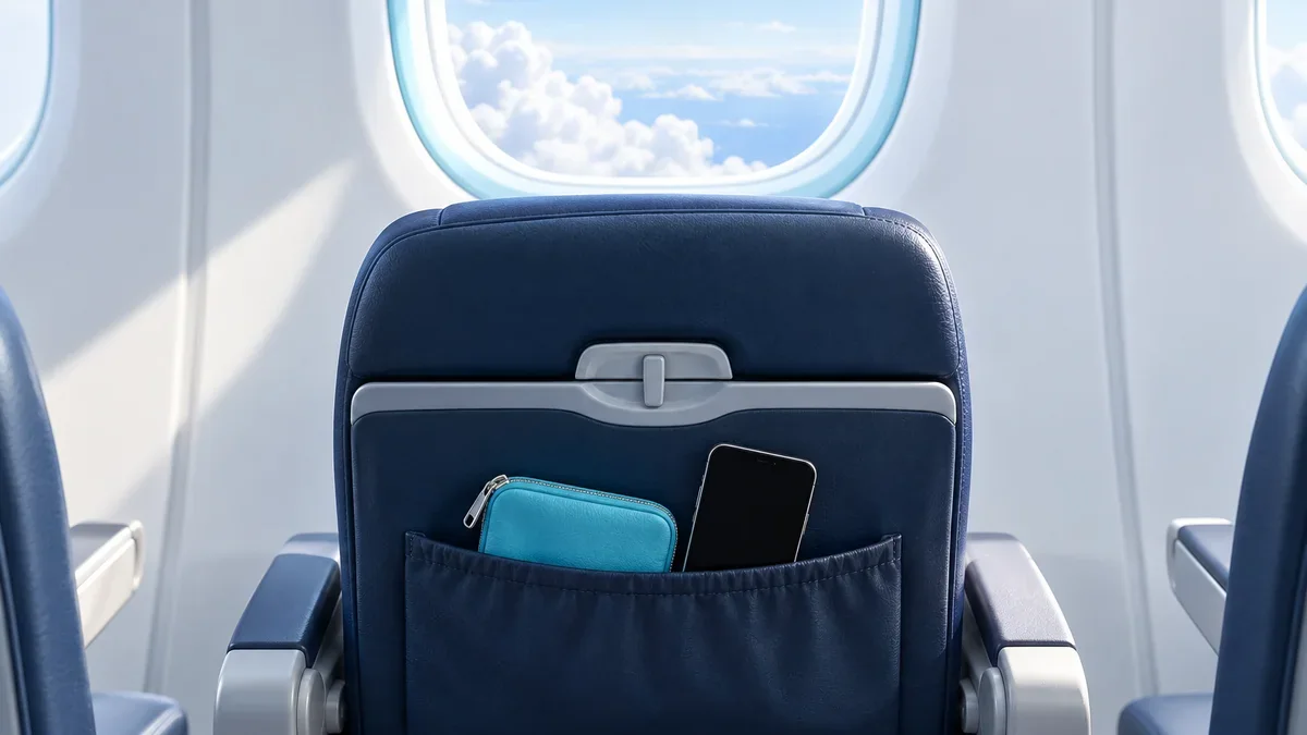 飛行機の座席ポケットに残されたスマートフォンと青いポーチ、窓の向こうの雲