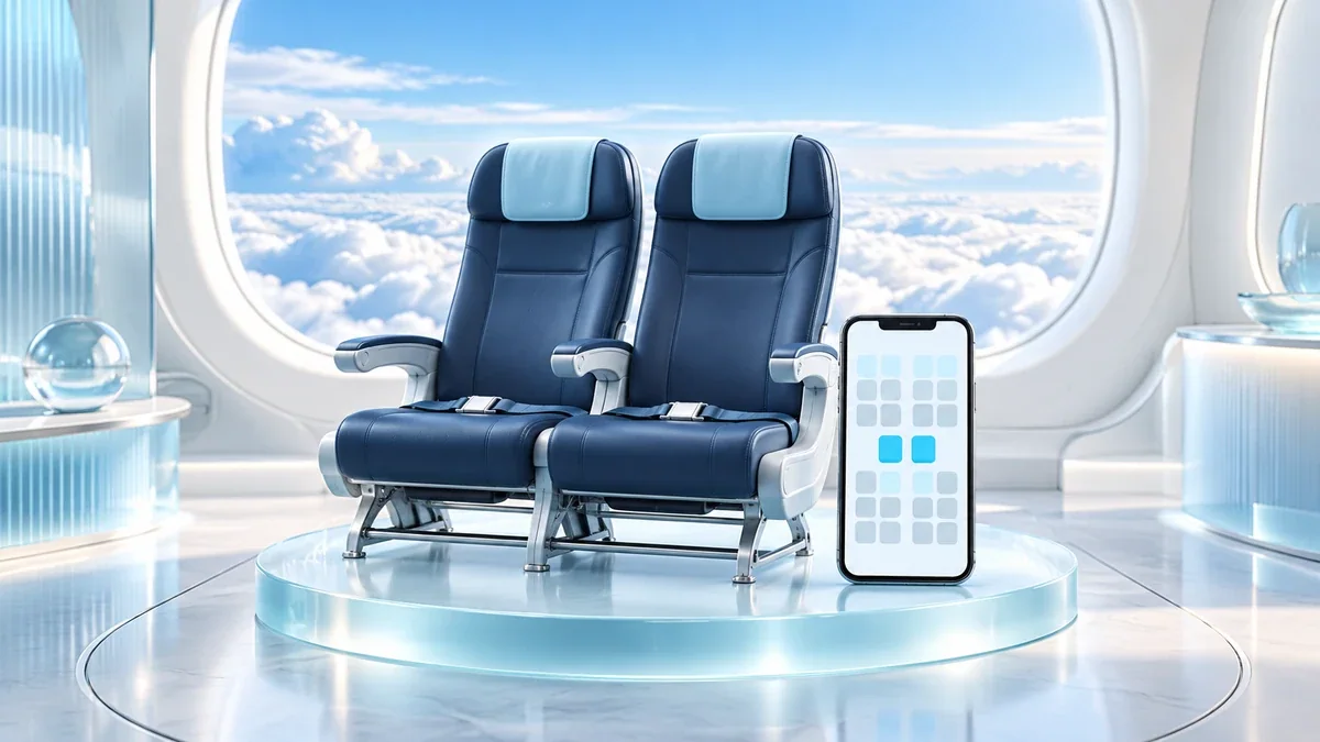 機窓を背景に並ぶ空の航空機座席2席と、文字のない座席図を表示したスマートフォン