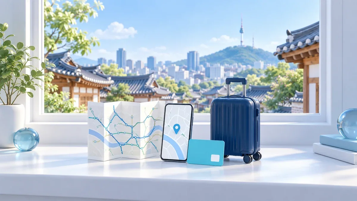 韓屋と丘の塔を望む窓辺に並ぶ路線図、スマートフォンと交通カード