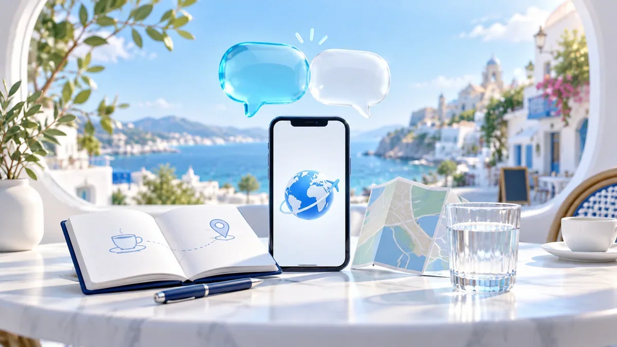 海外の街を望む窓辺に並ぶ翻訳用スマートフォン、吹き出し、絵を描いたノート