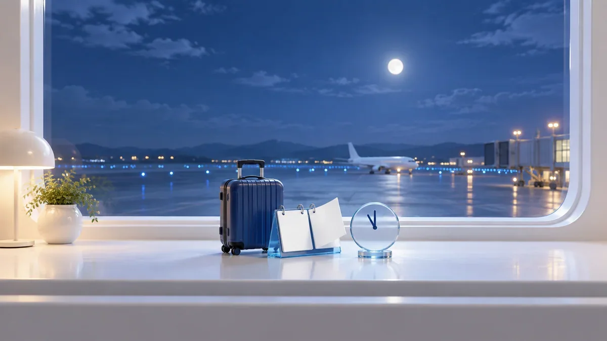 夜の空港を望む窓辺に並ぶ紺色のスーツケース、日めくりカレンダーとガラスの時計