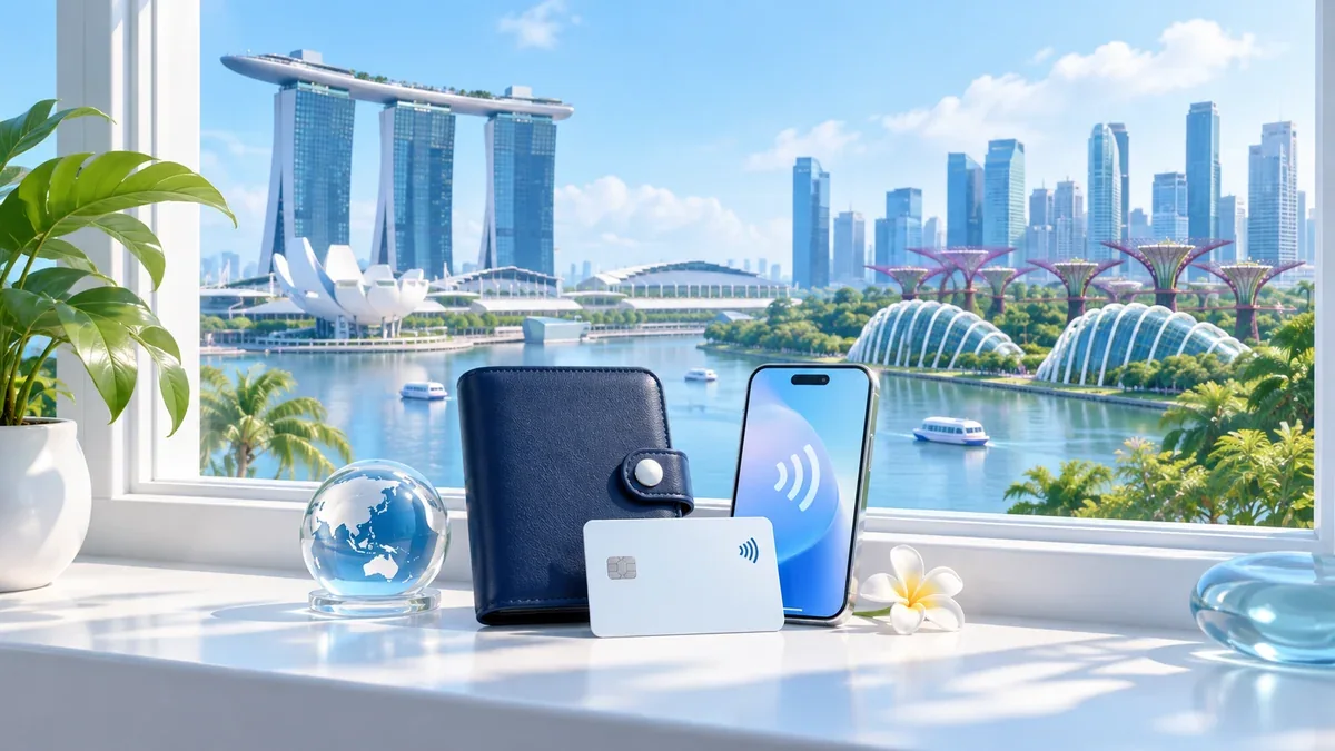 シンガポールの水辺を望む窓辺のスマートフォン、タッチ決済カードと旅行用手帳
