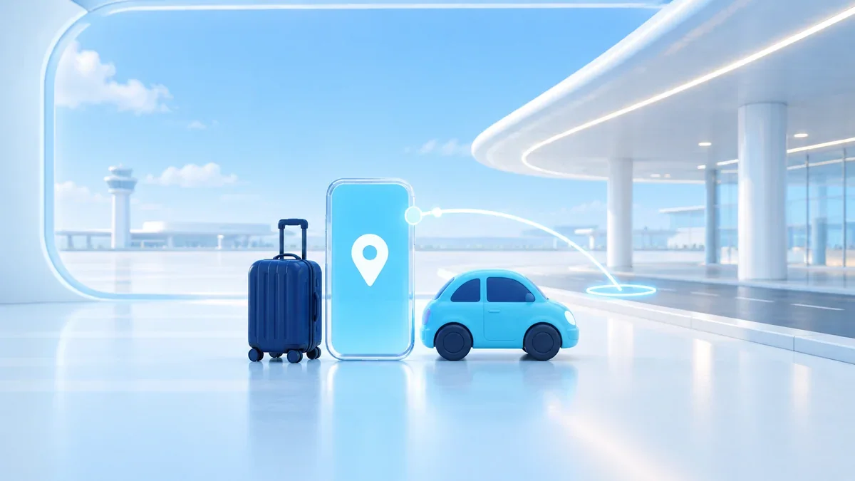 空港の乗車場所を表すガラスのスマートフォン、青い車とスーツケースの模型