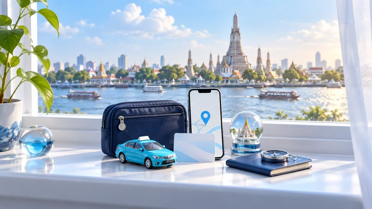 バンコクの川と寺院を望む窓辺のスマートフォン、車の模型と旅行用ポーチ