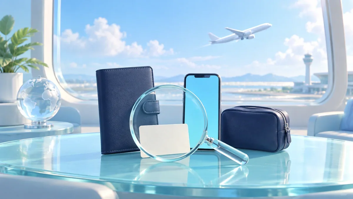 窓辺に並ぶ紺色の旅行用ケース、白いカードとスマートフォンを見比べるガラスの虫眼鏡
