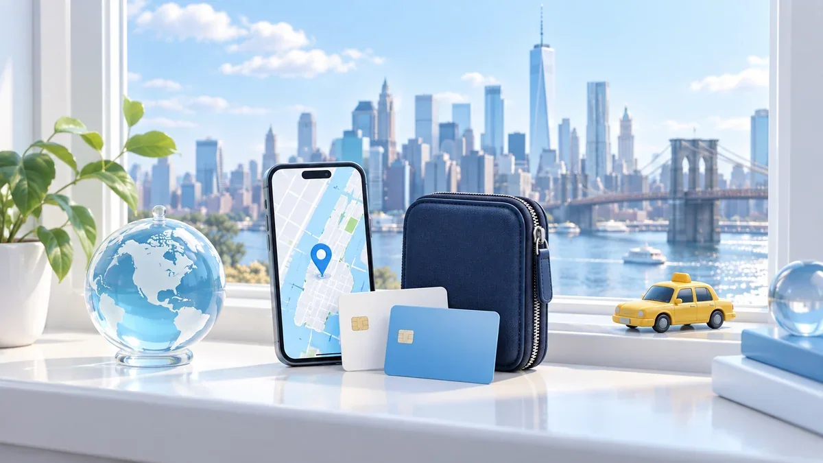 ニューヨークの街を望む窓辺のスマートフォン、支払いカードと旅行用ポーチ