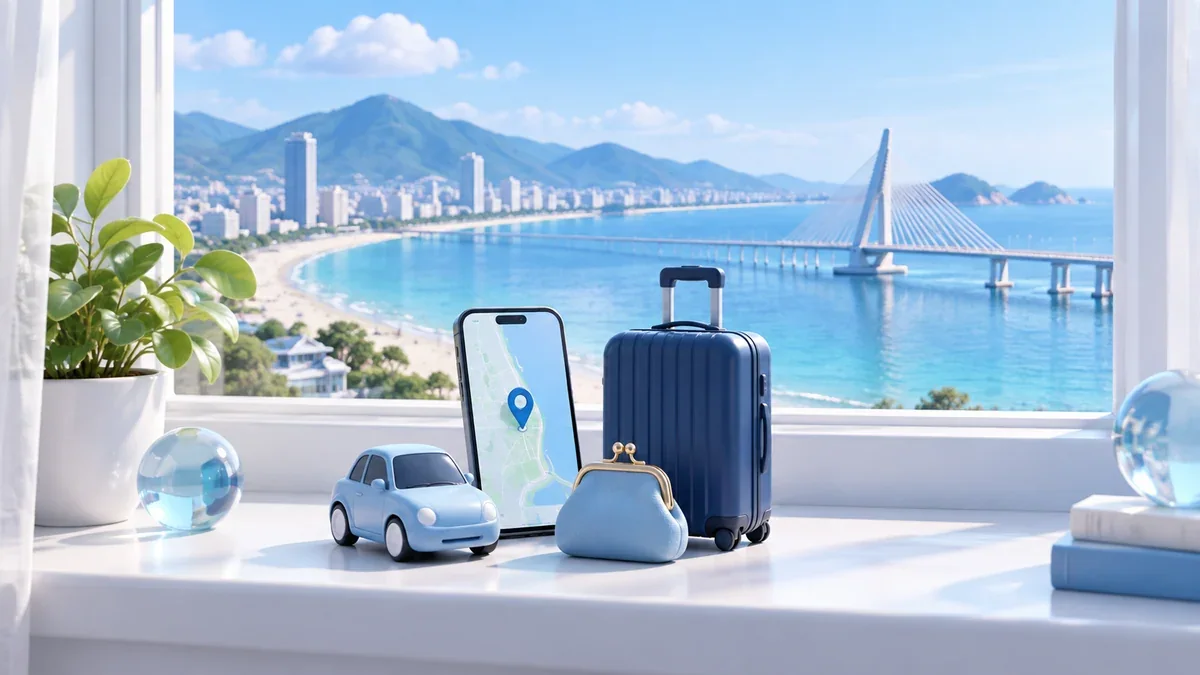 ベトナムの海辺と橋を望む窓辺のスマートフォン、車の模型と小銭入れ