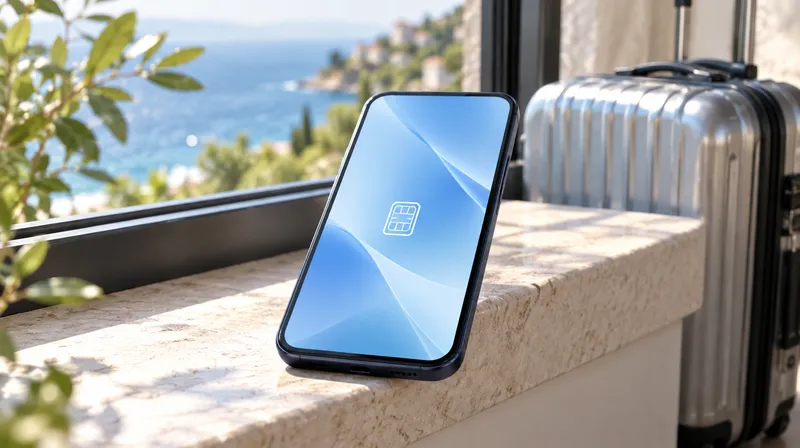 明るい窓辺のスマートフォンとスーツケース